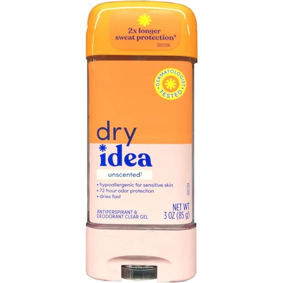 Dry Idea Anti-Perspirant and Deodorant, 72 Hour Protection, Unscented Gel, 3 oz, 3 Pack