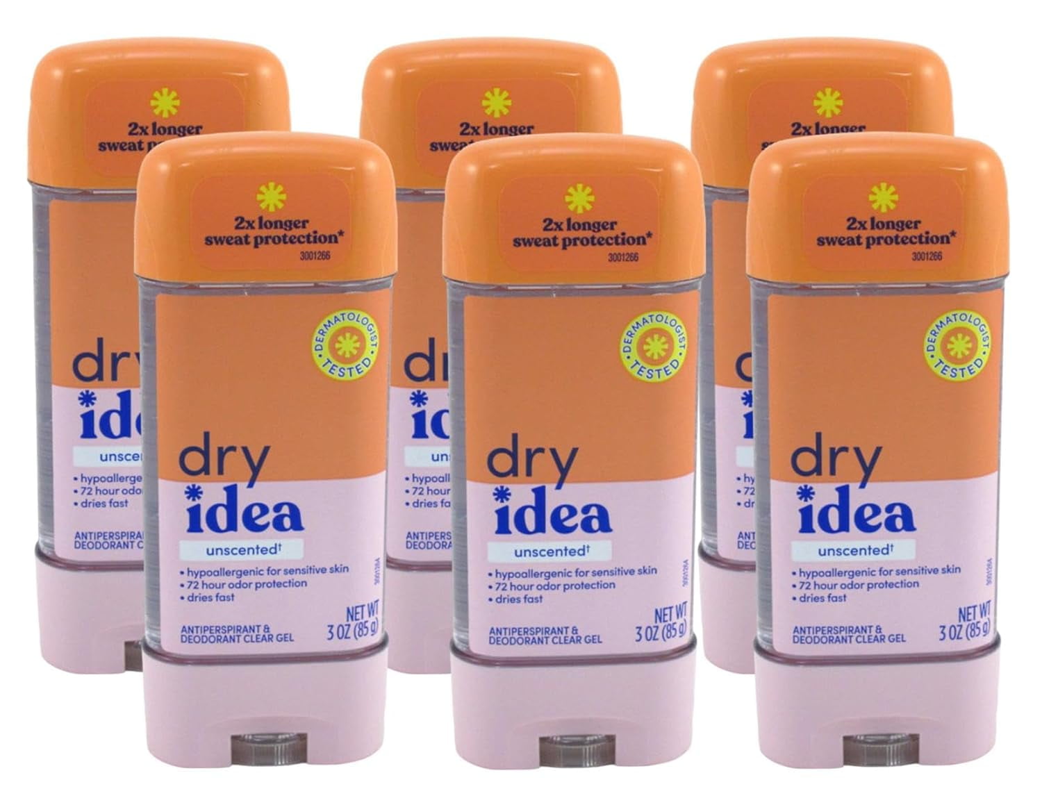 Dry Idea Deodorant 3 Ounce Gel Stick Unscented Antiperspirant (Pack of 6)