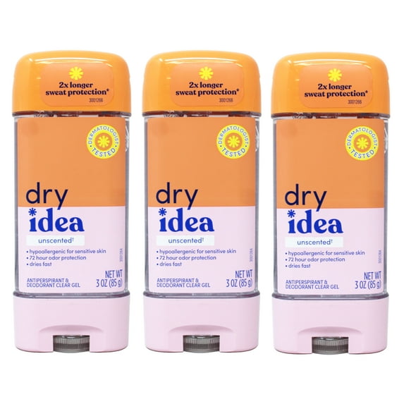 Dry Idea Gel Deodorant & Antiperspirant, Unscented & Hypoallergenic For Sensitive Skin - 3oz (Pack of 3)