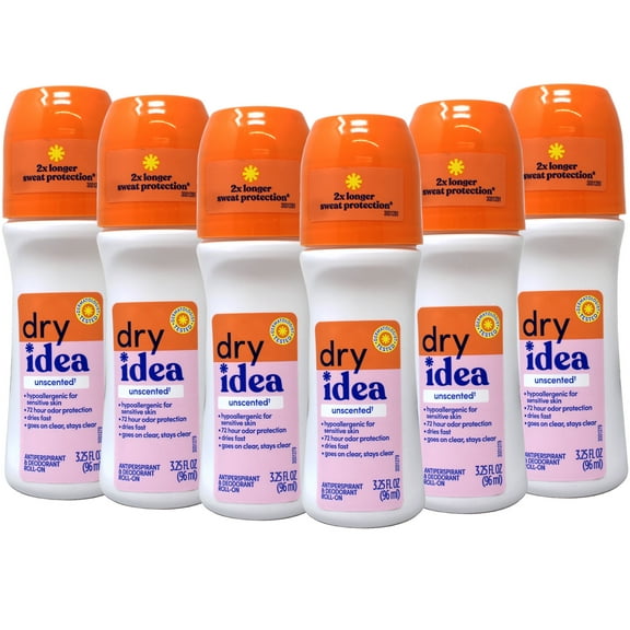Dry Idea Roll-On Advanced Dry Antiperspirant & Deodorant, 72 HR, Unscented 3.25 FL Oz Pack of 6