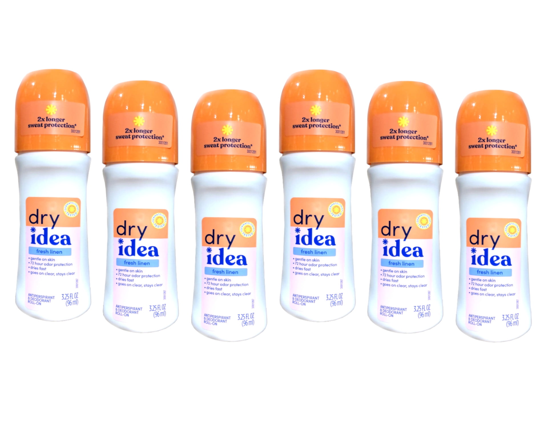 Dry Idea Roll-On Deodorant & Antiperspirant | 2X Longer Sweat Protection | 72-Hour Odor Protection | Gentle on Skin | Fresh Linen, 3.25 oz. (6-Pack)