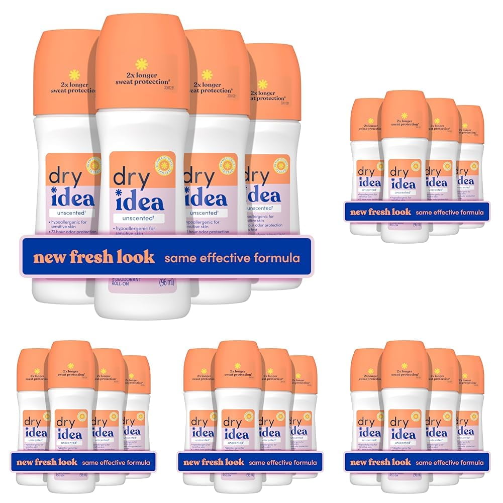 Dry Idea Roll-On Deodorant & Antiperspirant | 2X Longer Sweat Protection | 72-Hour Odor Protection | Unscented & Hypoallergenic for Sensitive Skin, 3.25 oz. (20-Pack)