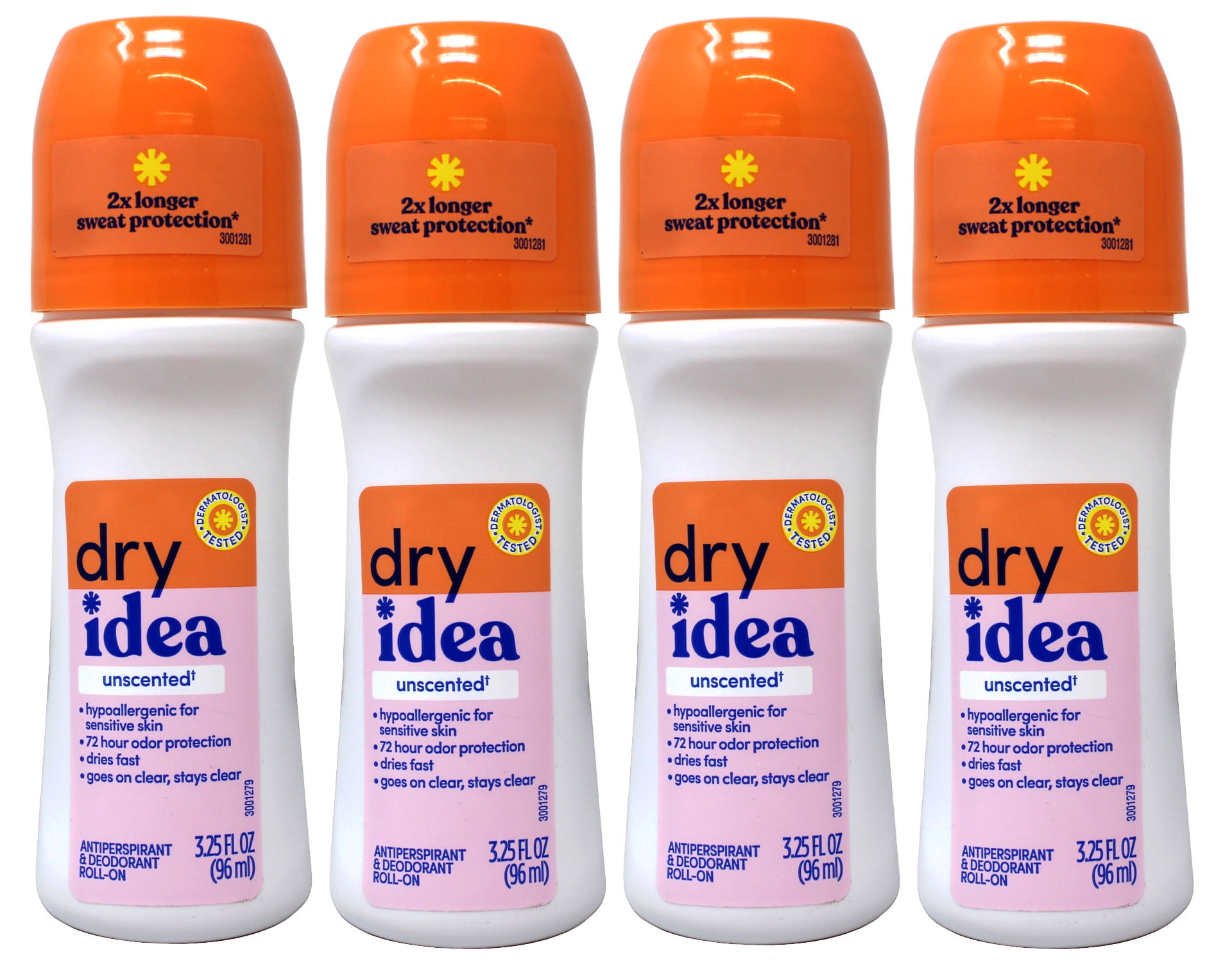 Dry Idea Roll-On Deodorant & Antiperspirant | 2X Longer Sweat Protection | 72-Hour Odor Protection | Unscented & Hypoallergenic for Sensitive Skin, 3.25 oz. - 4 Pack