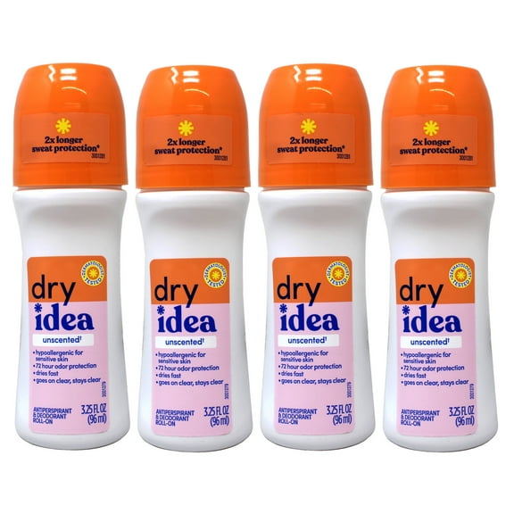 Dry Idea Roll-On Deodorant & Antiperspirant | 2X Longer Sweat Protection | 72-Hour Odor Protection | Unscented & Hypoallergenic for Sensitive Skin, 3.25 oz. - 4 Pack