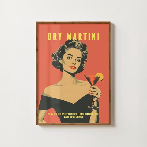 Dry Martini Cocktail Print, Retro Bar Cart Art Home Decor #1057, Unframed Poster Size 8x12