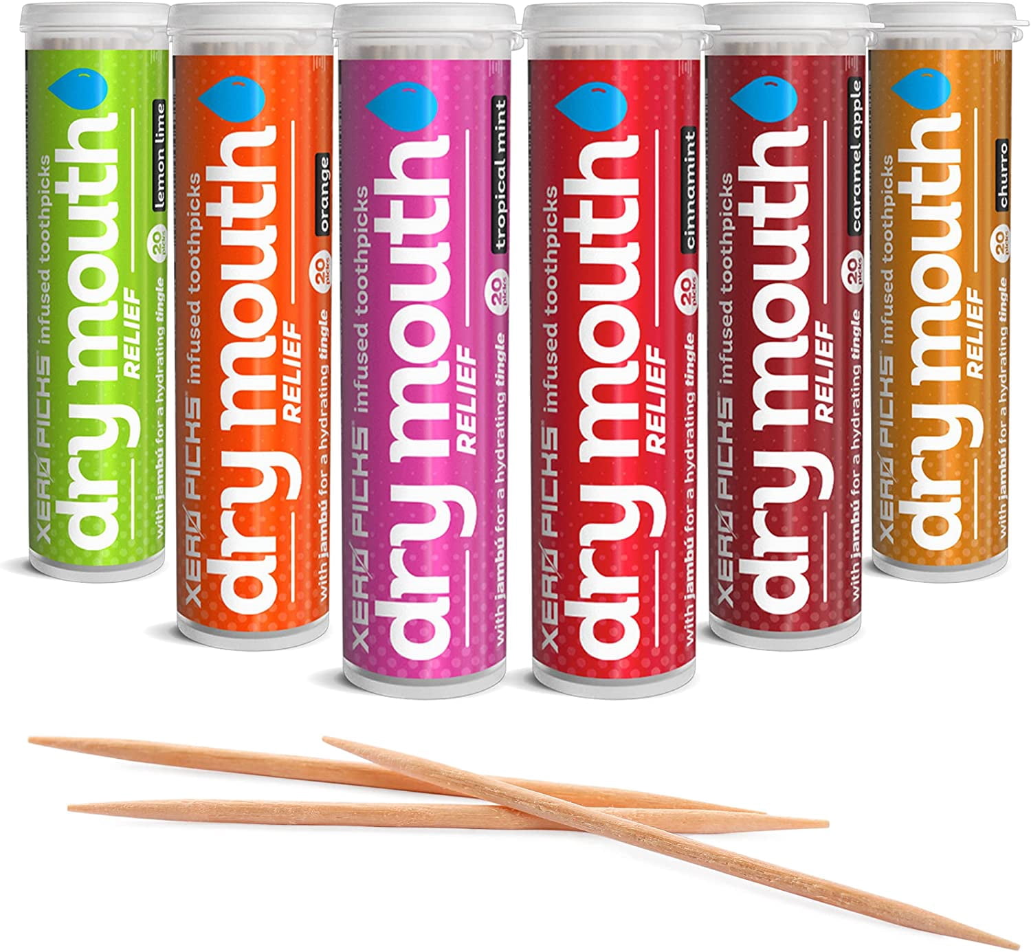 Dry Mouth Toothpicks – Xylitol Infused Flavored for Fresh Breath & Saliva Support Long Lasting Oral Hydration Variety 6 Pack (Cinnamon Mint, Churro, Caramel Apple More)