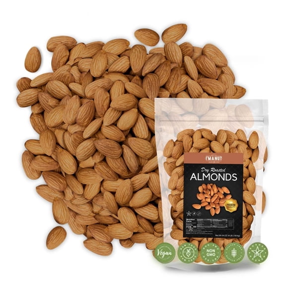 Dry Roasted Unsalted Almonds 64oz, Batch Tested, Gluten & Peanut Free Non-GMO Roasted Almonds Whole Nuts