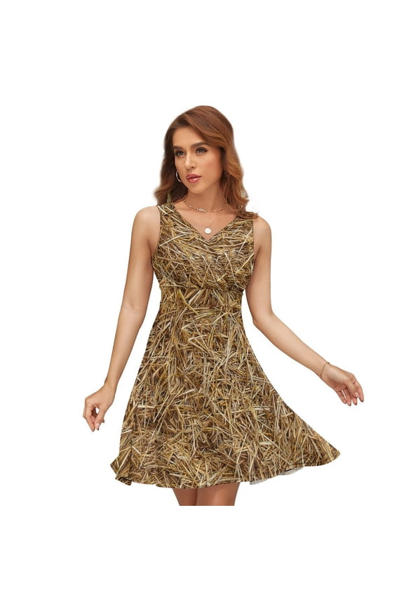 Dry Straw Sleeveless Dress Women Summer Evening Dresses Ladies Sundress