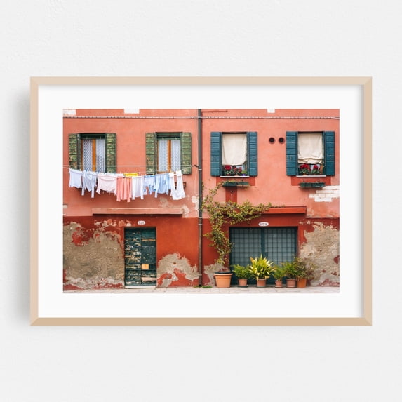 Out to Dry - Venice Veneto Italy Photography Architecture Street Photography Rustic Travel Poster Vintage Floral City Oak Framed Wall Art Print 18 x 24 inches