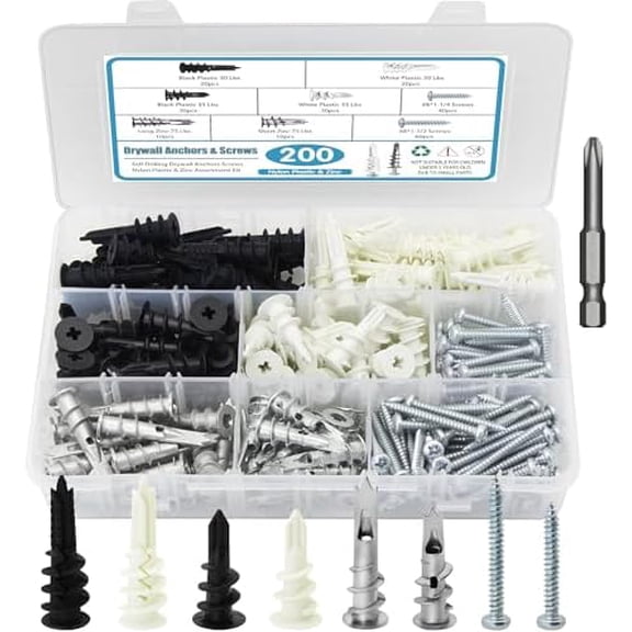 Dry Wall Anchors and Screws Kit, 200 count Self Drilling Wall Anchors and Screws for Drywall,Sheetrock,Hollow Door,Plaster Wall - Zinc Metal & Nylon Plastic Assortment Drywall Anchors and Screws Kit