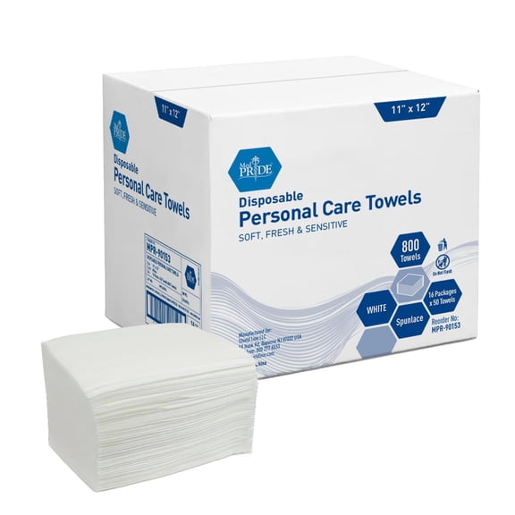 Med Pride Dry Disposable Washcloths, Spun Lace, Quarter Fold, 11" x 12", 800 Count (16 Packs of 50)