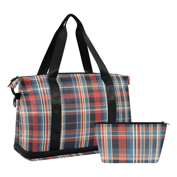 Dry Wet Separated Sports Duffel Handbag Bags, Gym Crossbody Bag with Detachable Strap/Cosmetic Pouch, Blue Checkered Pattern
