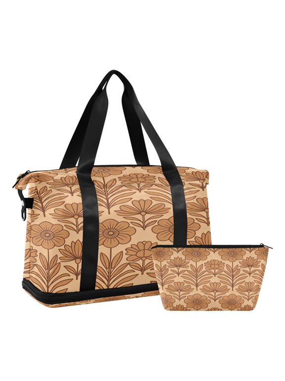 Dry Wet Separated Sports Duffel Handbag Bags, Gym Crossbody Bag with Detachable Strap/Cosmetic Pouch, Boho Floral Line Art