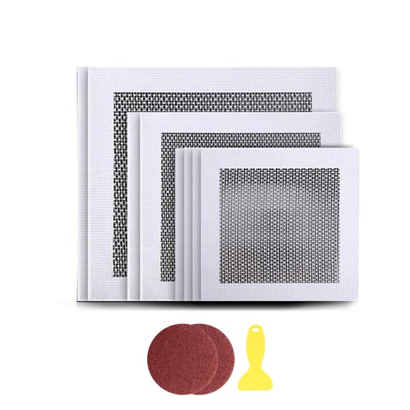 Dry wall patch kit, 4-inch x 4 pieces, 6-inch x 2 pieces, 8-inch x 2 pieces, including scraper and sandpaper, for repairing wall holes and cracks.