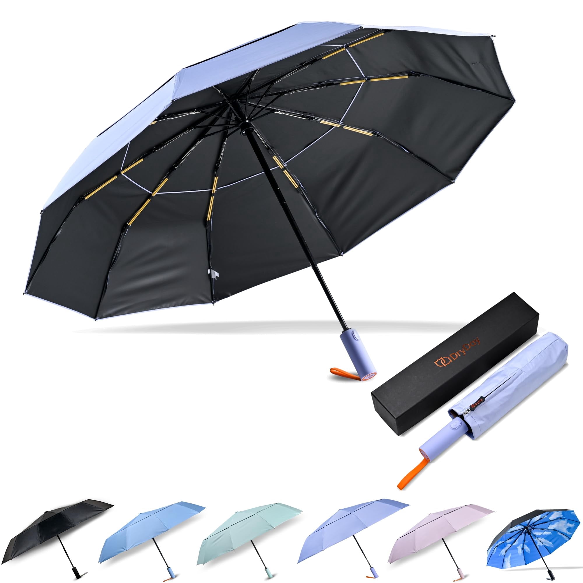 DryDay 43" Travel Umbrellas for Rain - Large Windproof Double Canopy Umbrella, 10 Durable Ribs, Strong Frame, Auto Open Close Ergonomic Handle, Compact Waterproof Umbrella for Women & Men, PalePurple