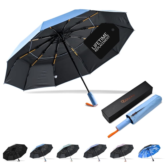 DryDay 43" Travel Umbrellas for Rain - Large Windproof Double Canopy Umbrella, 10 Durable Ribs, Strong Frame, Auto Open Close Ergonomic Handle, Compact Waterproof Umbrella for Women & Men, Pale Blue
