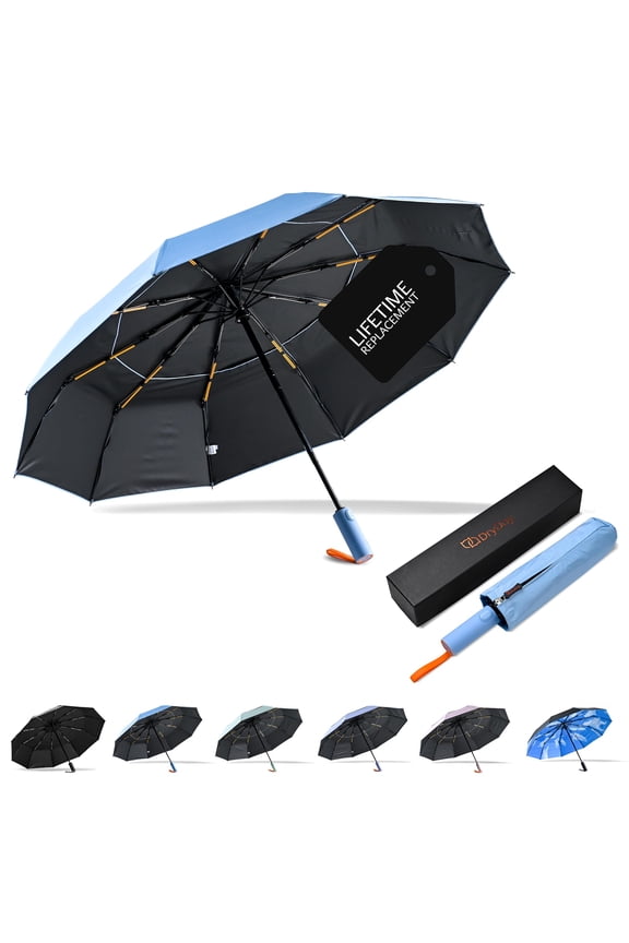 43" Travel Umbrellas for Rain - Large Windproof Double Canopy Umbrella, 10 Durable Ribs, Strong Frame, Auto Open Close Ergonomic Handle, Compact Waterproof Umbrella for Women & Men, Pale Blue