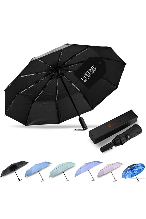 43" Travel Umbrellas for Rain - Large Windproof Double Canopy Umbrella, 10 Durable Ribs, Strong Frame, Auto Open Close Ergonomic Handle, Compact Waterproof Umbrella for Women & Men, Black