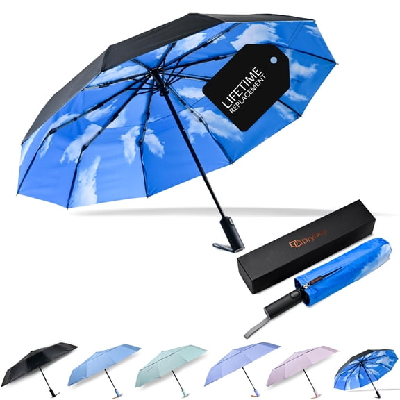 DryDay 46" Travel Umbrellas for Rain - Large Windproof Double Canopy Umbrella, 10 Durable Ribs, Strong Frame, Auto Open Close Ergonomic Handle, Compact Waterproof Umbrella for Women & Men, Blue Sky