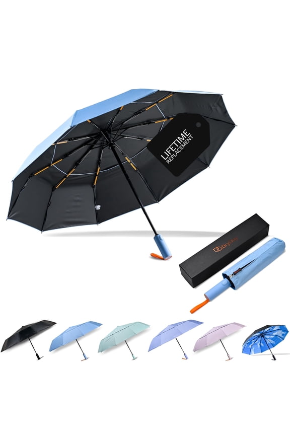 46" Travel Umbrellas for Rain - Large Windproof Double Canopy Umbrella, 10 Durable Ribs, Strong Frame, Auto Open Close Ergonomic Handle, Compact Waterproof Umbrella for Women & Men, Pale Blue
