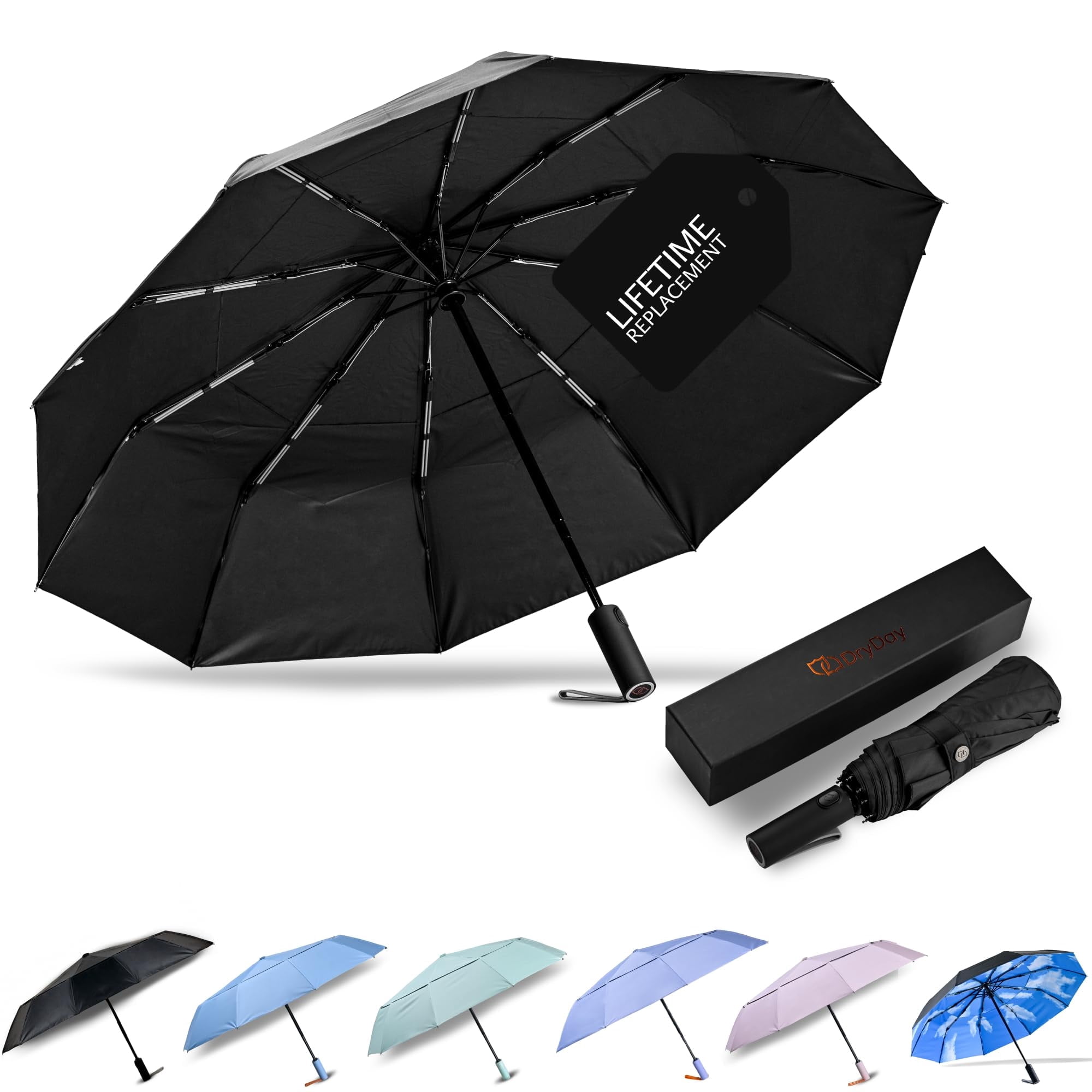 DryDay 46" Travel Umbrellas for Rain - Large Windproof Double Canopy Umbrella, 10 Durable Ribs, Strong Frame, Auto Open Close Ergonomic Handle, Compact Waterproof Umbrella for Women & Men, Black