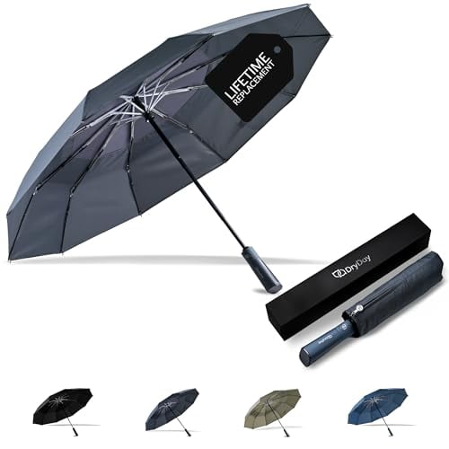 DryDay 47” Premium Umbrellas for Rain, Large Windproof Double Canopy Umbrella, 10 Aluminum Ribs, Sturdy Frame, Auto Open Close Unique Handle, Windproof & Waterproof Umbrella for Women & Men, DarkGray