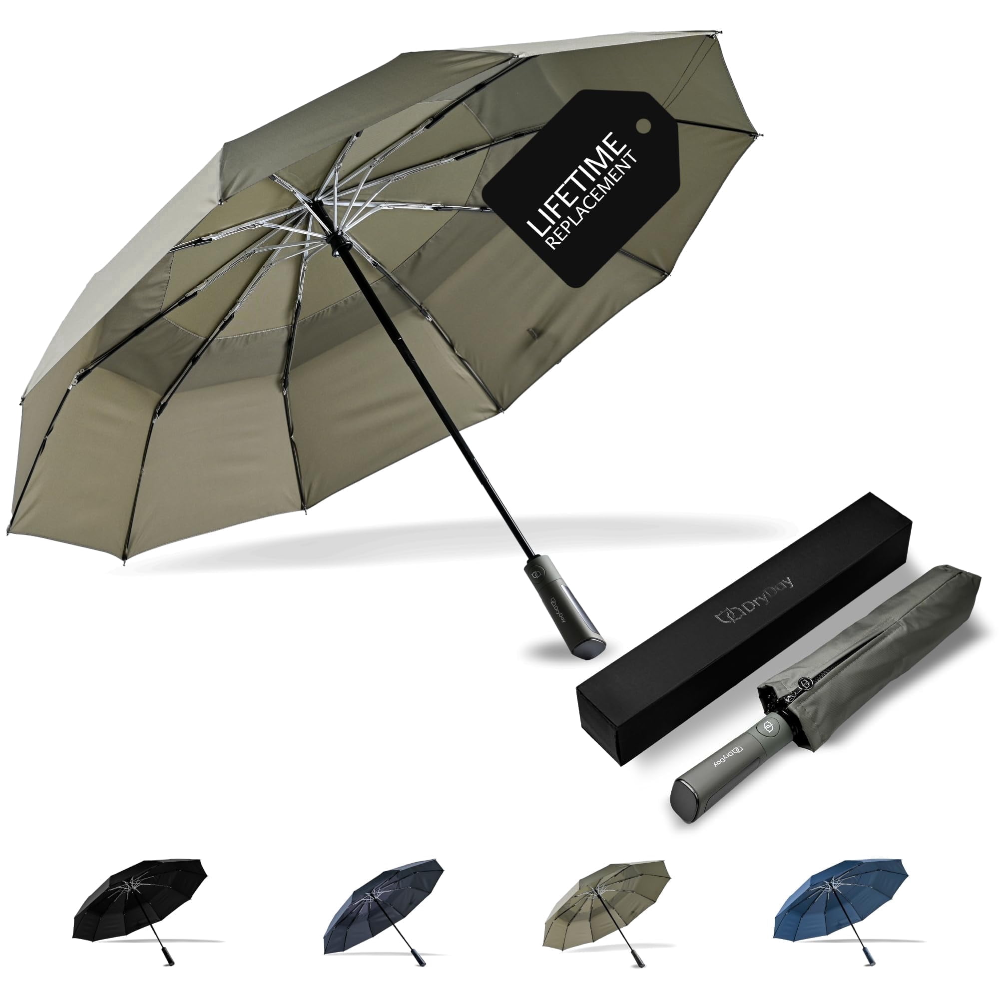 DryDay 47” Premium Umbrellas for Rain, Large Windproof Double Canopy Umbrella, 10 Aluminum Ribs, Sturdy Frame, Auto Open Close Unique Handle, Windproof & Waterproof Umbrella for Women & Men, Khaki