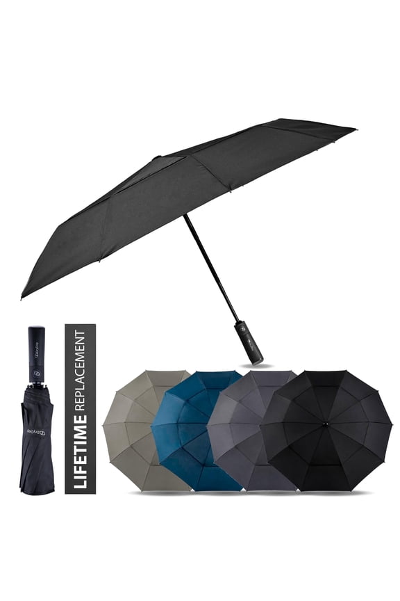 47 Windproof Travel Umbrella, Aluminum, Black, 2-Pack