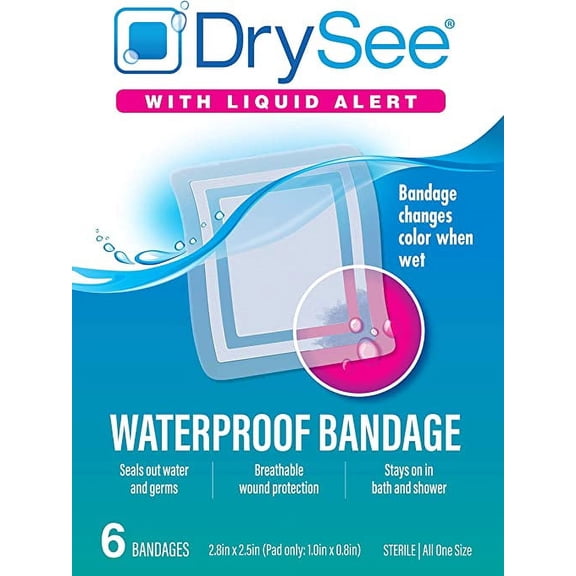 DrySee Waterproof Bandages - Large Bandages for Wound Care, Tattoos, Post Surgical - Changes Color When Wet (2x2) - 6 Count