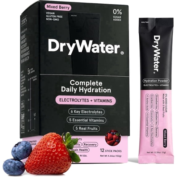 DryWater Mixed Berry Electrolyte & Vitamin Hydration Powder, 12 Count Packets