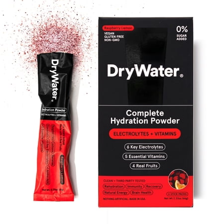 DryWater Hydration Powder (Electrolytes + Vitamins) , Raspberry Lemon, 6 Pack