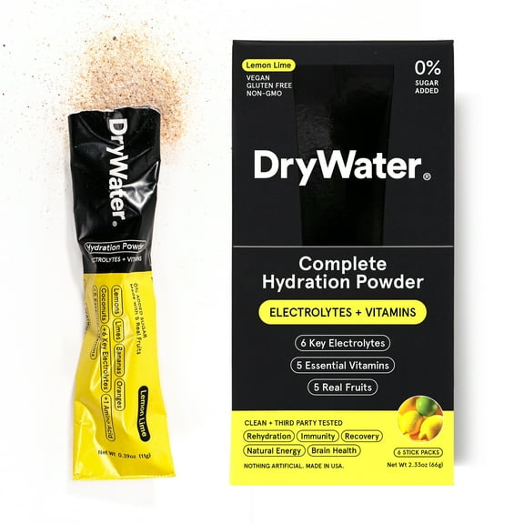 DryWater Hydration Powder (Electrolytes + Vitamins) , Lemon Lime, 6 Pack