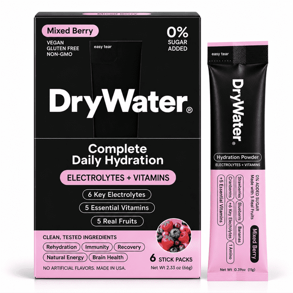 DryWater Mixed Berry Electrolyte & Vitamin Hydration Powder, 6 Count Packets