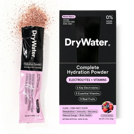 DryWater Hydration Powder (Electrolytes + Vitamins) , Mixed Berry, 6 Pack