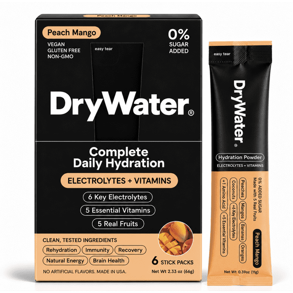 DryWater, Peach Mango, Electrolyte & Vitamin Hydration Powder, 6 Count Packets