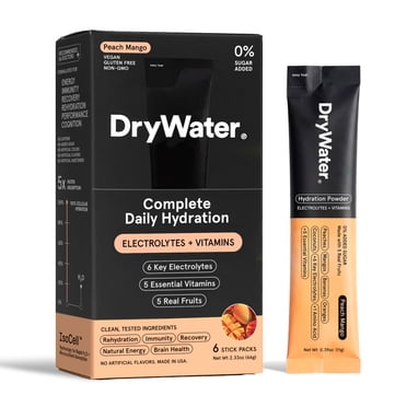 DryWater Hydration Powder with Electrolytes and Vitamins, Peach Mango Flavor, 6 Pack