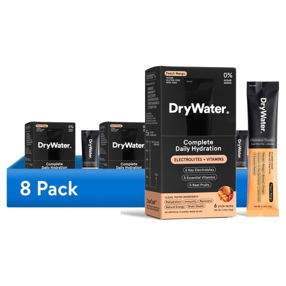(8 pack) DryWater Hydration Powder with Electrolytes and Vitamins, Peach Mango Flavor, 6 Pack