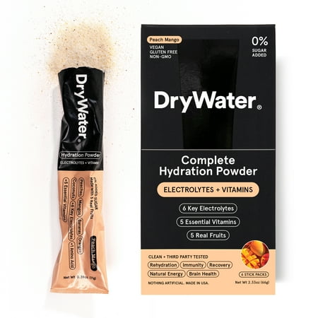 DryWater Hydration Powder with Electrolytes and Vitamins, Peach Mango Flavor, 6 Pack
