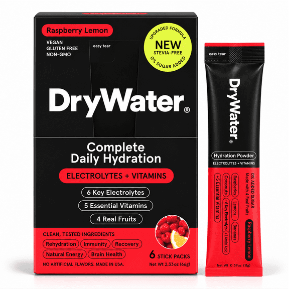DryWater Raspberry Lemon Electrolyte & Vitamin Hydration Powder, 6 Count Packets