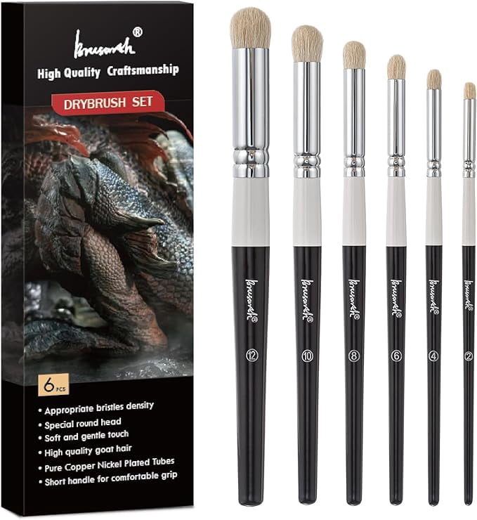 Dry Brush Set For Miniature Painting – 6 Sizes Round Detail Brushes For Models, Ceramics & Art