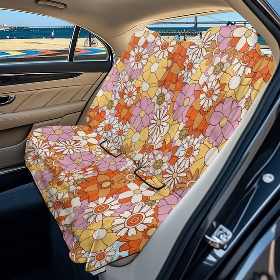 Drydeepin Hippie Flower Yellow Car Back Seat Cover, Rear Bench Seat Towel Cover, Non-Slip Rear Seat Cover Universal Fit for Sedans SUVs Truck Auto Interior Decor