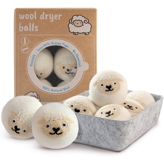 Dryer Balls XL 6-Pack with Felt Storage Box,  Pure  Dryer Balls,  Laundry Dryer Balls,  Drying Time Wrinkles Static,  Fabric Softener Alternative (White Sheep)