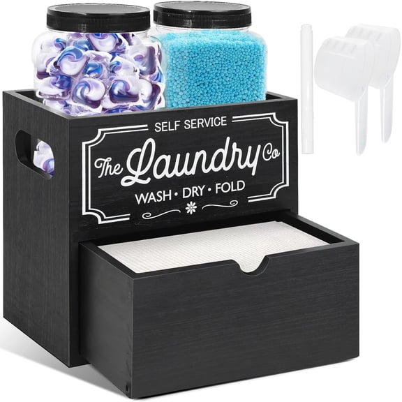 Dryer Sheet Container for Laundry Room Organization, Laundry Pods Container Include 2 Plastic Jars with Lids for Laundry Room Storage, Drying Ball and Laundry Detergent Dispenser, Laundry Room Decor