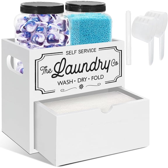 Dryer Sheet Container for Laundry Room Organization, Laundry Pods Container Include 2 Plastic Jars with Lids for Storage, Drying Ball and Laundry Detergent Dispenser, Laundry Room Decor
