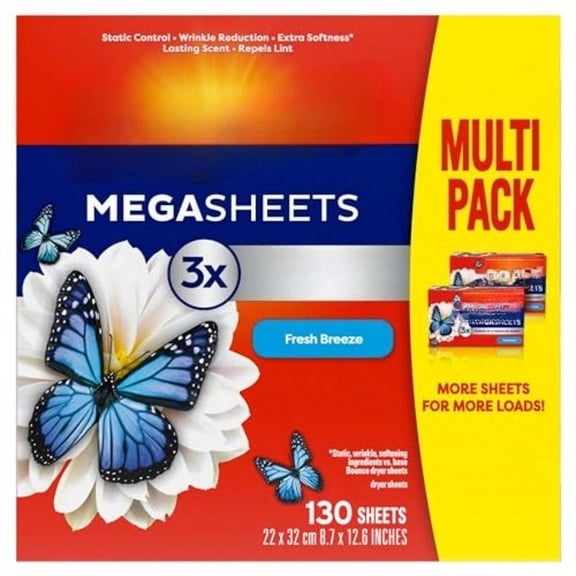 Dryer Sheets, Fresh Breeze, 130 Count, Mega Fabric Softener Sheets with Static Control, Wrinkle Reduction, Extra Softness, Lasting Scent, Repels Lint