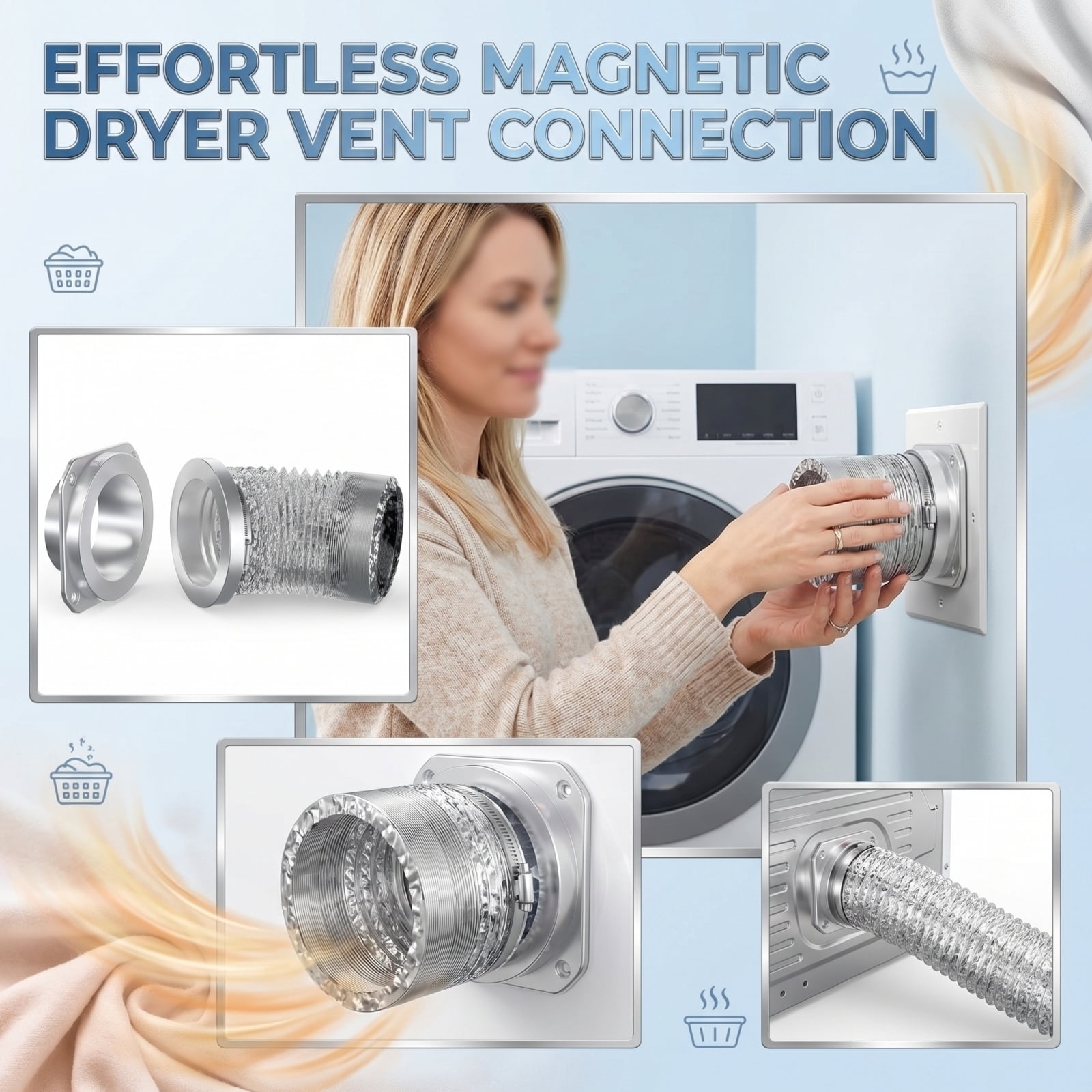 Dryer Vent Connector Magnetic Exhaust Adapter 180 Degree Elbow Quick-Connect Dryer Vent Hose Fitting for Laundry Room Tight Spaces Home Ventilation Upgrade, White