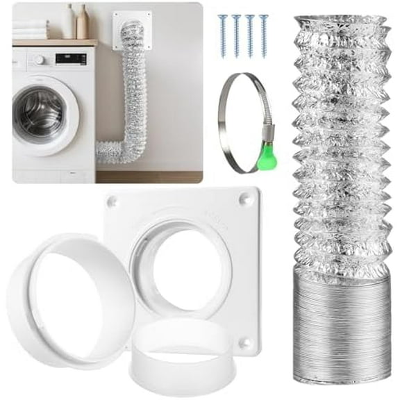Dryer Vent Hose Connector Kit, 4" Diameter Dryer Duct, 8 ft Long, 7 x 7" Dryer Vent Wall Plate, Quick Connect and Disconnect, Fit 4 Inch Pipe, For Dryer Washer Bathroom Greenhouse Indoor