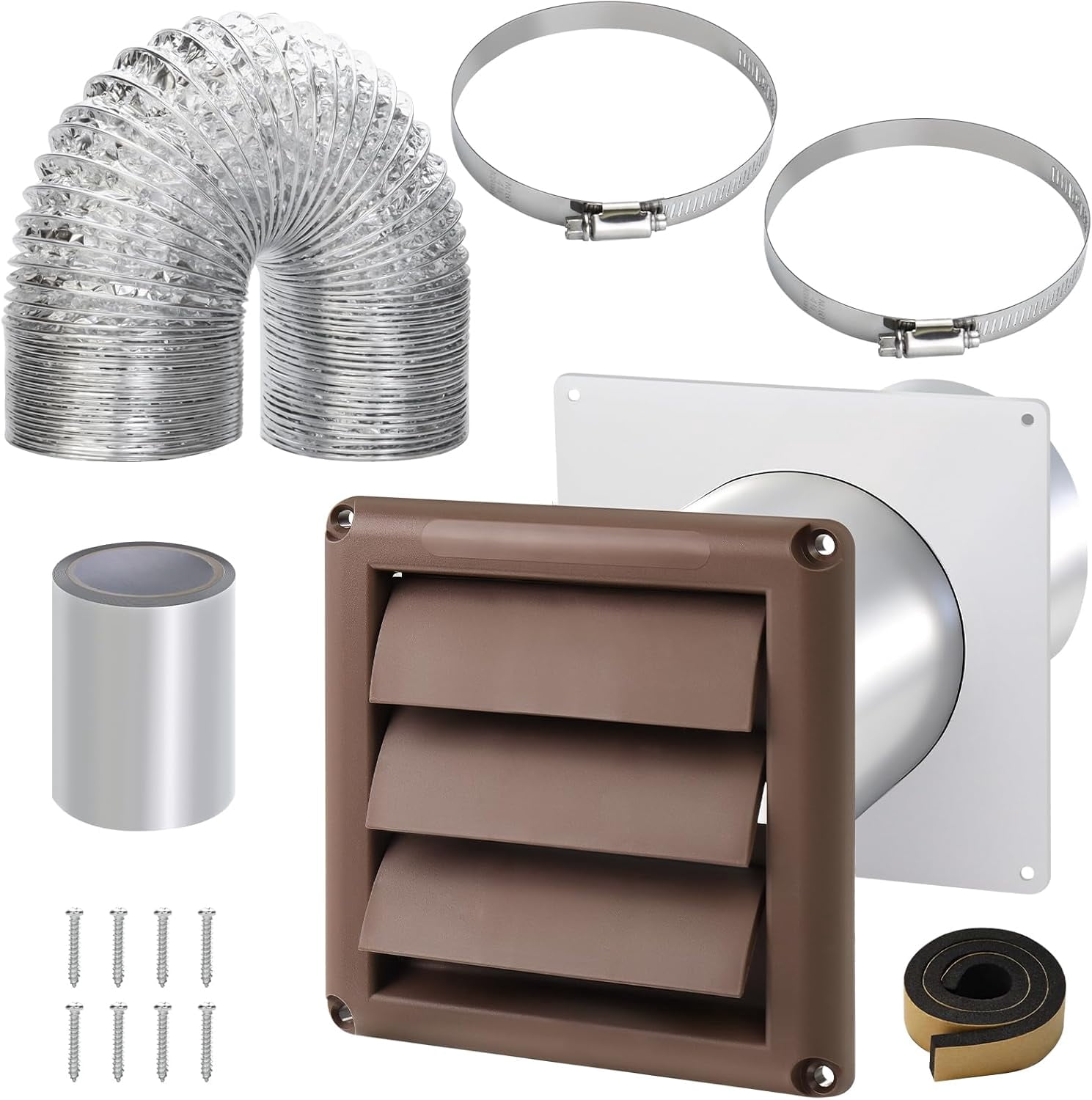 Dryer Vent Kit with Hose/Duct Connector/Wall Plate,4Inch Dryer Wall Vent HoseConnector Wall Duct Kit for Bathroom Ventilation Fan Exhaust,Ceiling Washer Air Circulation,Brown Louvered Dryer Vent Hood