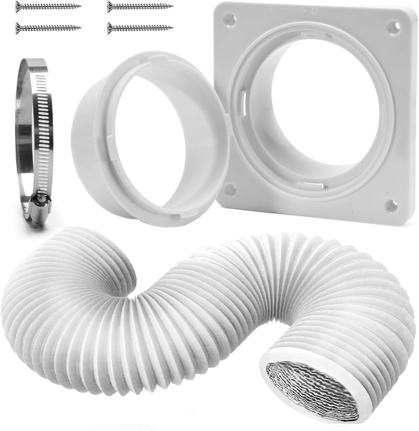Dryer Vent Wall Plate Quick Connector Snap to Vent Dryer Dock Connector Kit Fits 4 Inch Hose (Dryer Vent Connector with 4in-5ft White Hose)
