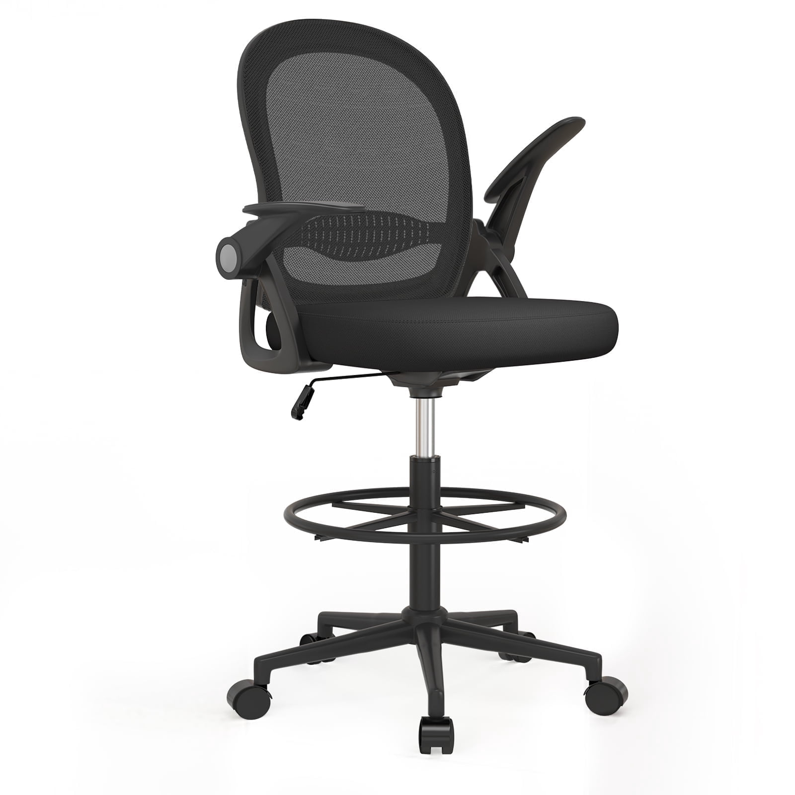 Dryfeedo Drafting Chair, Ergonomic Tall Office Chair with Adjustable Flip-Up Armrests and Footrest, Black